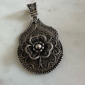 Sterling Silver Filagree Teardrop Floral Pendant DGS Turkey 925